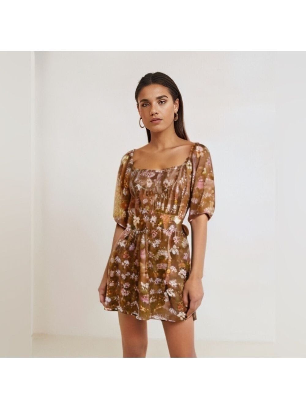Anthropologie Sadie & Sage Brown Daisy Floral Cutout Floral Mini Dress